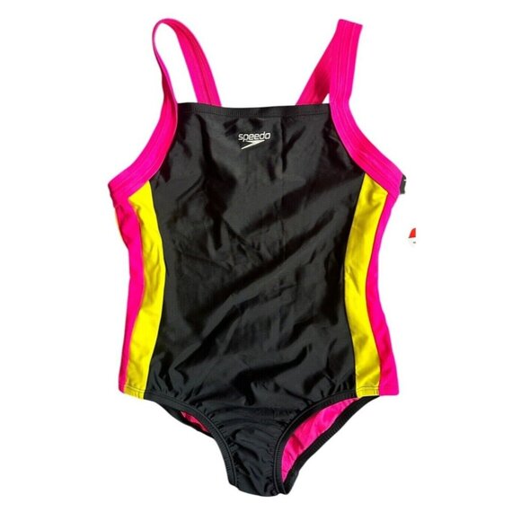 Speedo Girls Thick Strap One Piece Swimsuit Speedo Infinity Splice Black Size 10 - Picture 1 of 8